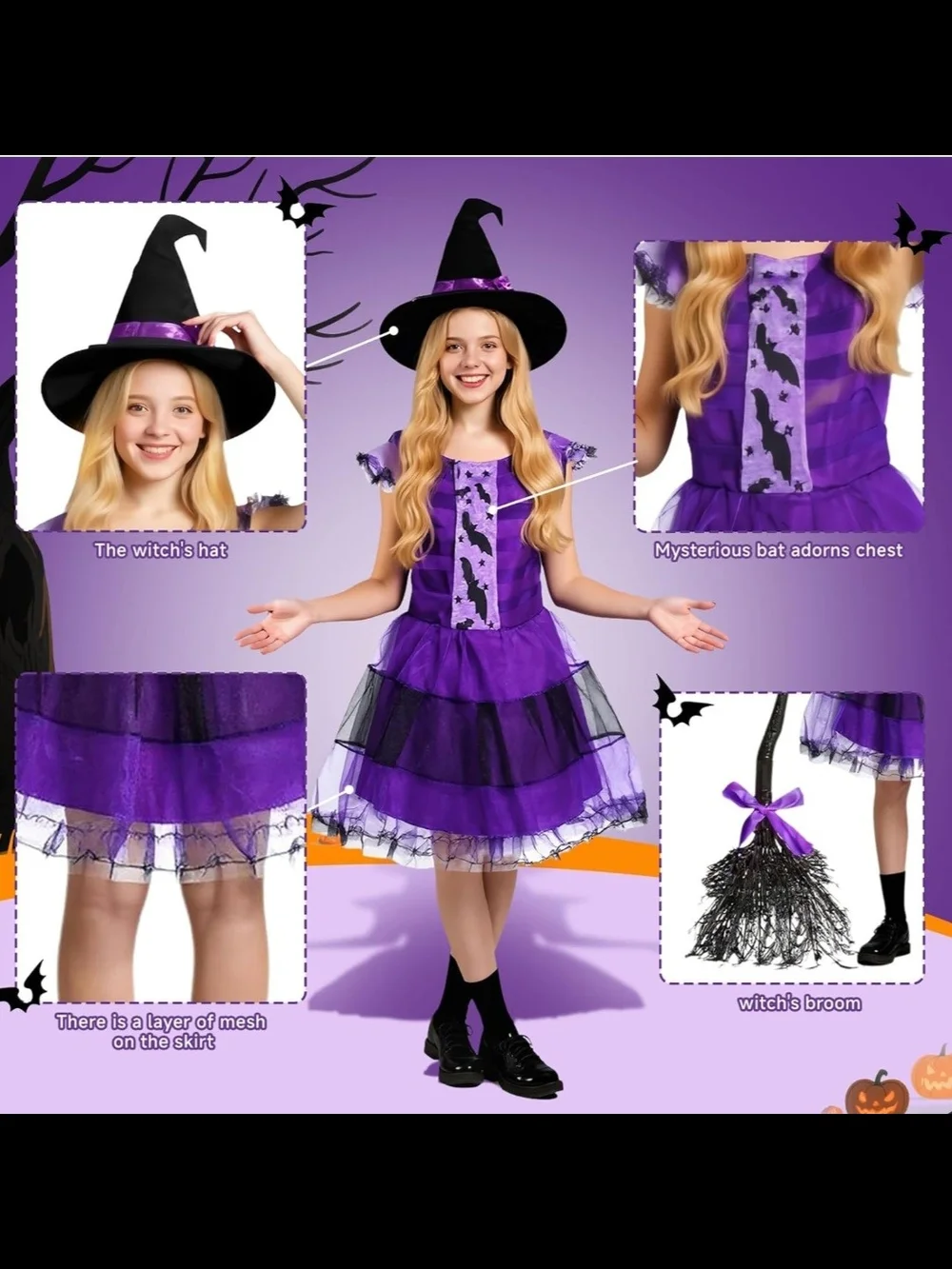 Kids Witch Halloween Costume Set Size M Purple Dress Hat & Broom